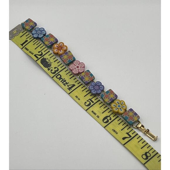 VTG Polymer Flower Checkered Y2K Bracelet Millefiori Gold Tone Link - Picture 6 of 7